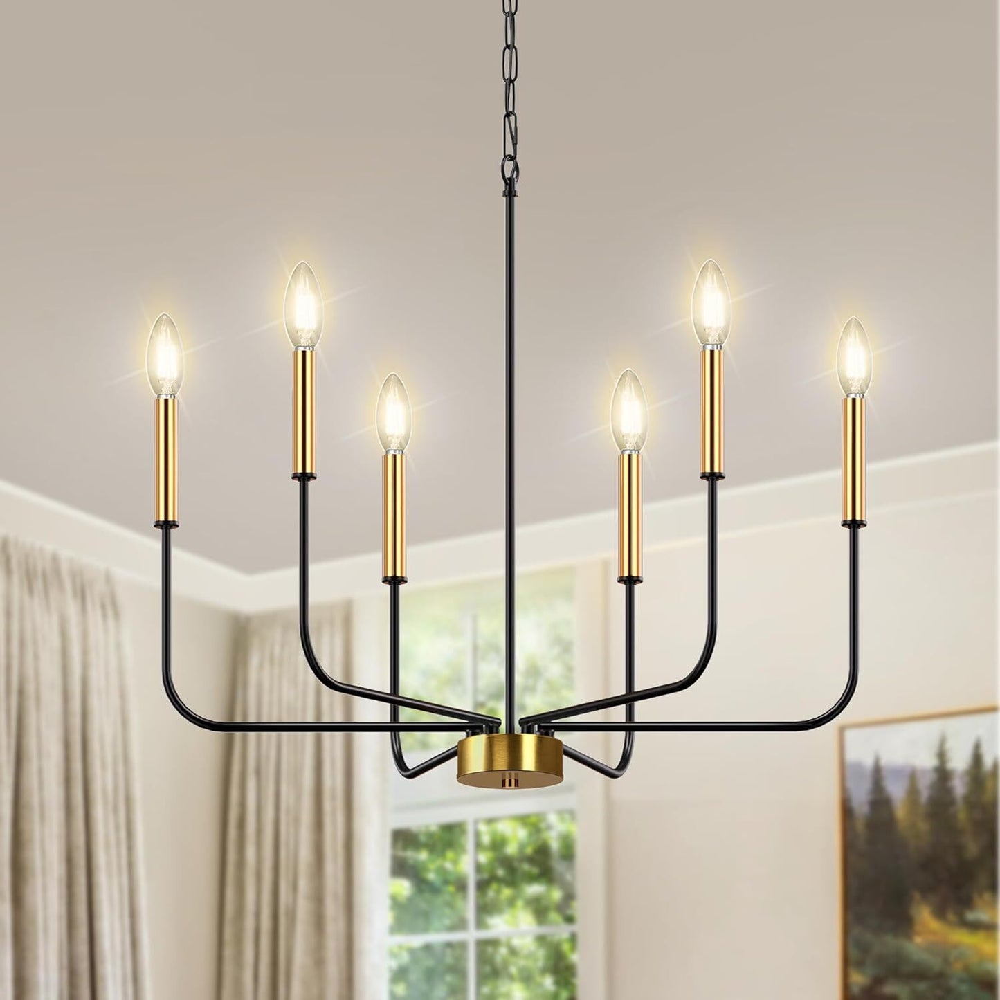 YANSUN 26 in. 6-Light Black and Gold Farmhouse Chandelier Adjustable Industrial Fixture for Dining Room, Bedroom and Foyer