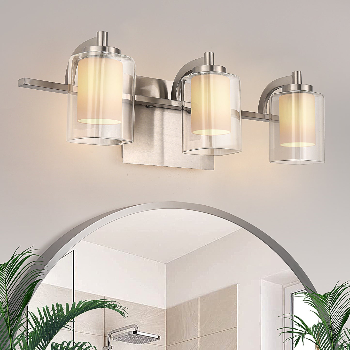 YANSUN 21 in. 3-Light Brushed Nickel Vanity Light with Clear and Frosted Glass Shades, Modern Bathroom Wall Sconce for Mirror