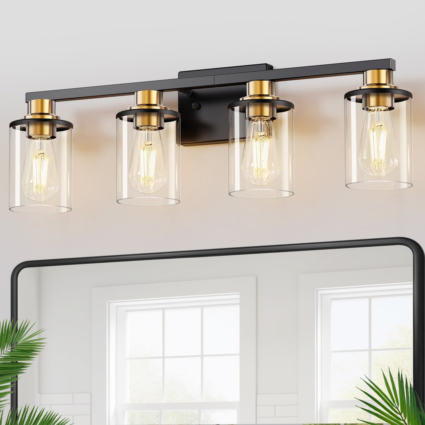 YANSUN 4 Light Black and Gold Vanity Light with Clear Tube Glass Shades for Bathroom Mirror E26 Base