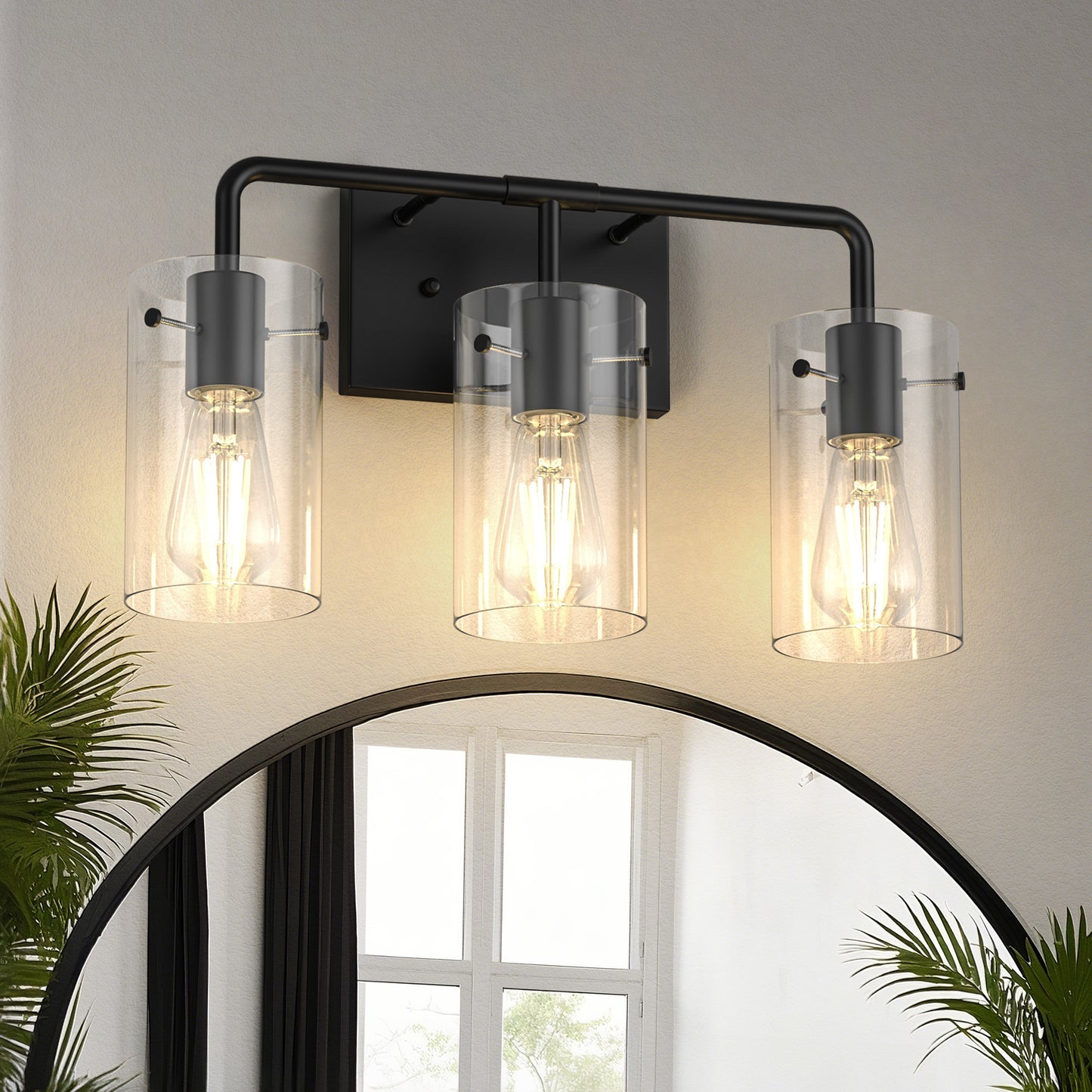 YANSUN 18 in. 3-Light Black Metal Vanity Light with Clear Glass Shade Bathroom Fixture for Modern Farmhouse Style Spaces