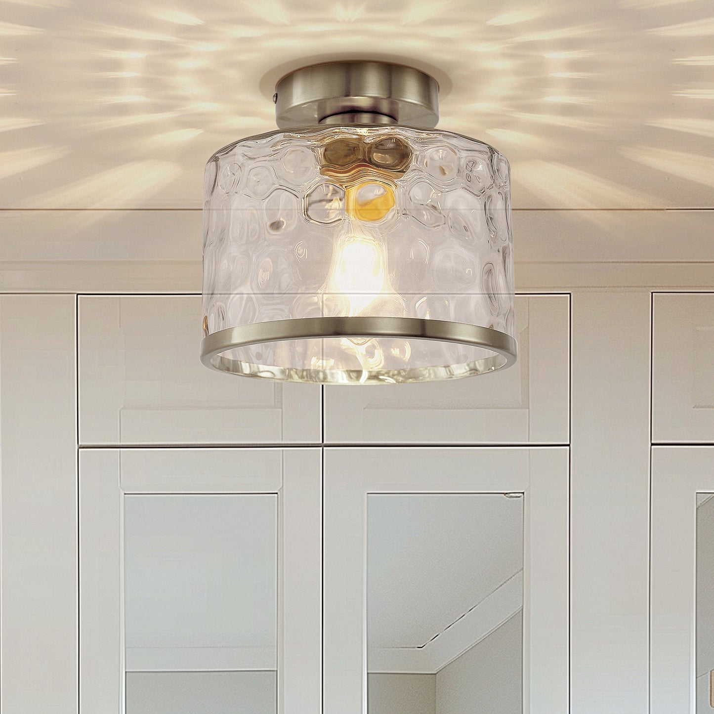 YANSUN 9 in. 1-Light Brushed Nickel Semi Flush Mount Ceiling Light Industrial Clear Water Glass for Hallway Kitchen Bathroom