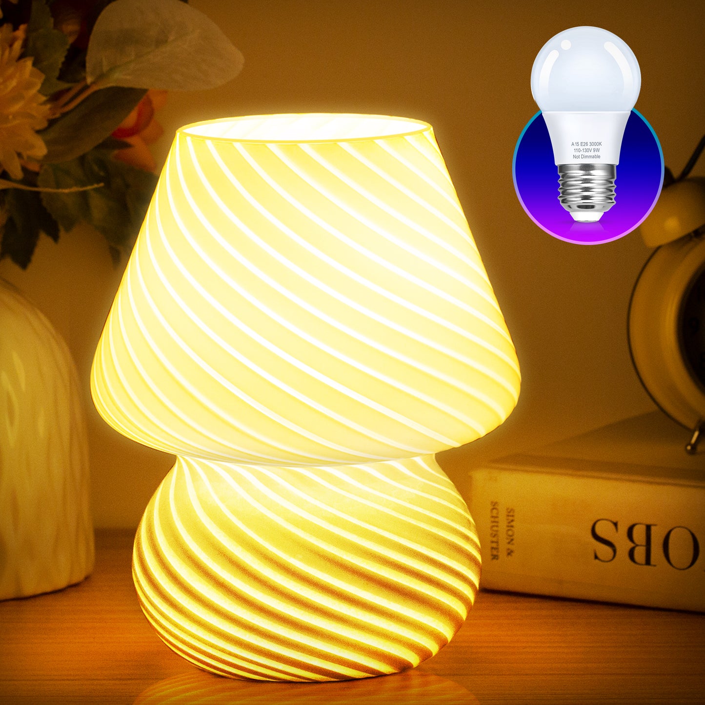 YANSUN 7 in. White Glass Mushroom Desk Lamp, 9-Watt Warm Light Bulb Included, Perfect Decor for Bedroom, Living Room
