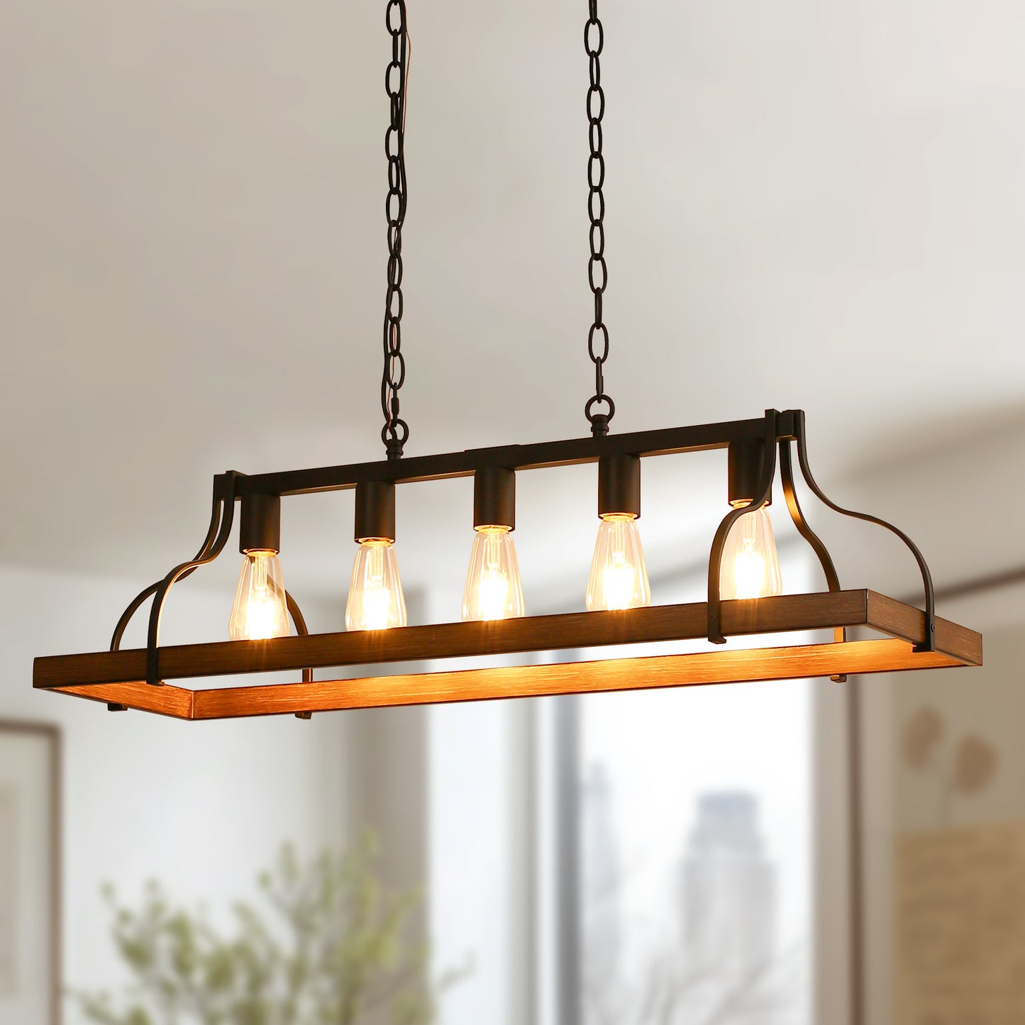 YANSUN 5-Light Island Pendant Light, Brown Metal Frame, Non-Integrated Design, Bulbs Not Included