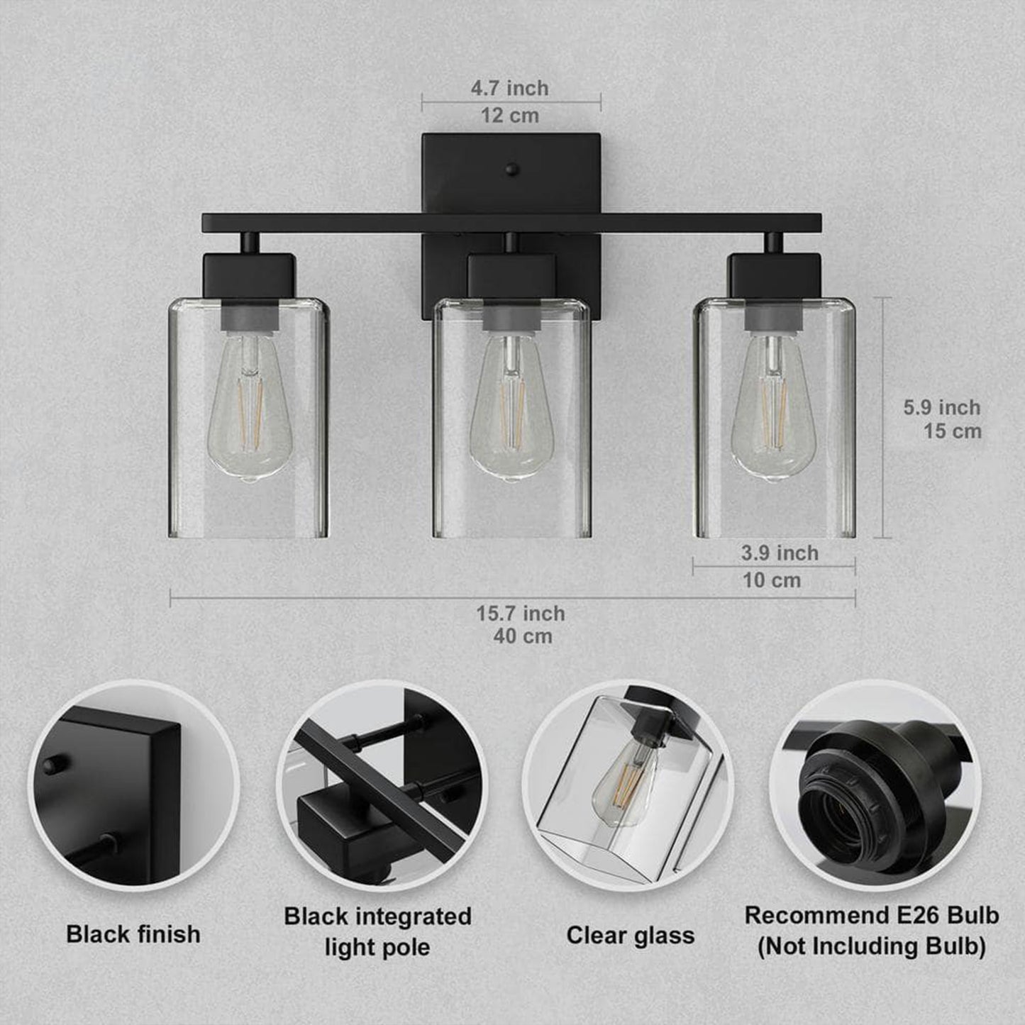 YANSUN 16 in. 3-Light Modern Vanity Light Matte Black with Clear Glass Perfect for Vanity Powder Room Dressing Room