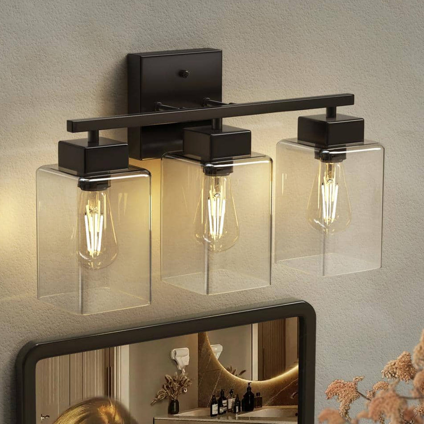 YANSUN 16 in. 3-Light Modern Vanity Light Matte Black with Clear Glass Perfect for Vanity Powder Room Dressing Room