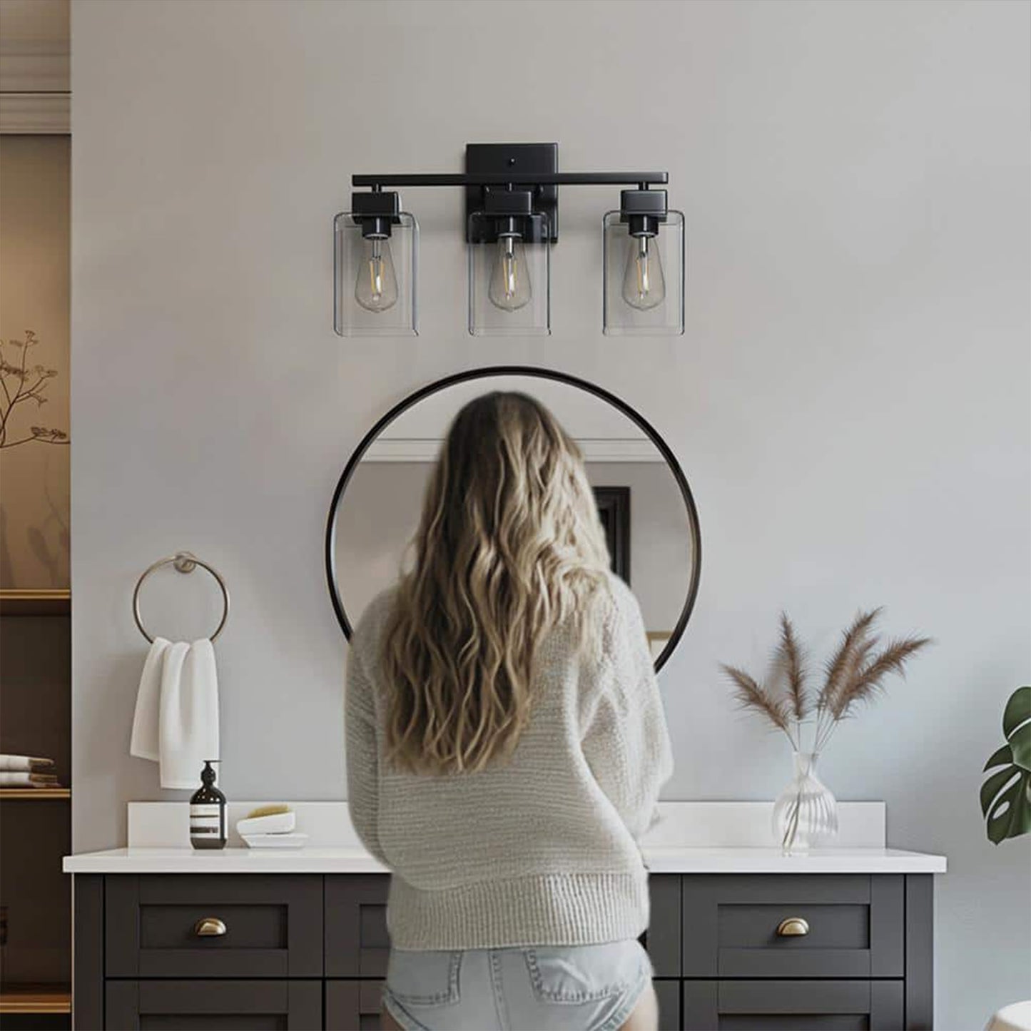 YANSUN 16 in. 3-Light Modern Vanity Light Matte Black with Clear Glass Perfect for Vanity Powder Room Dressing Room