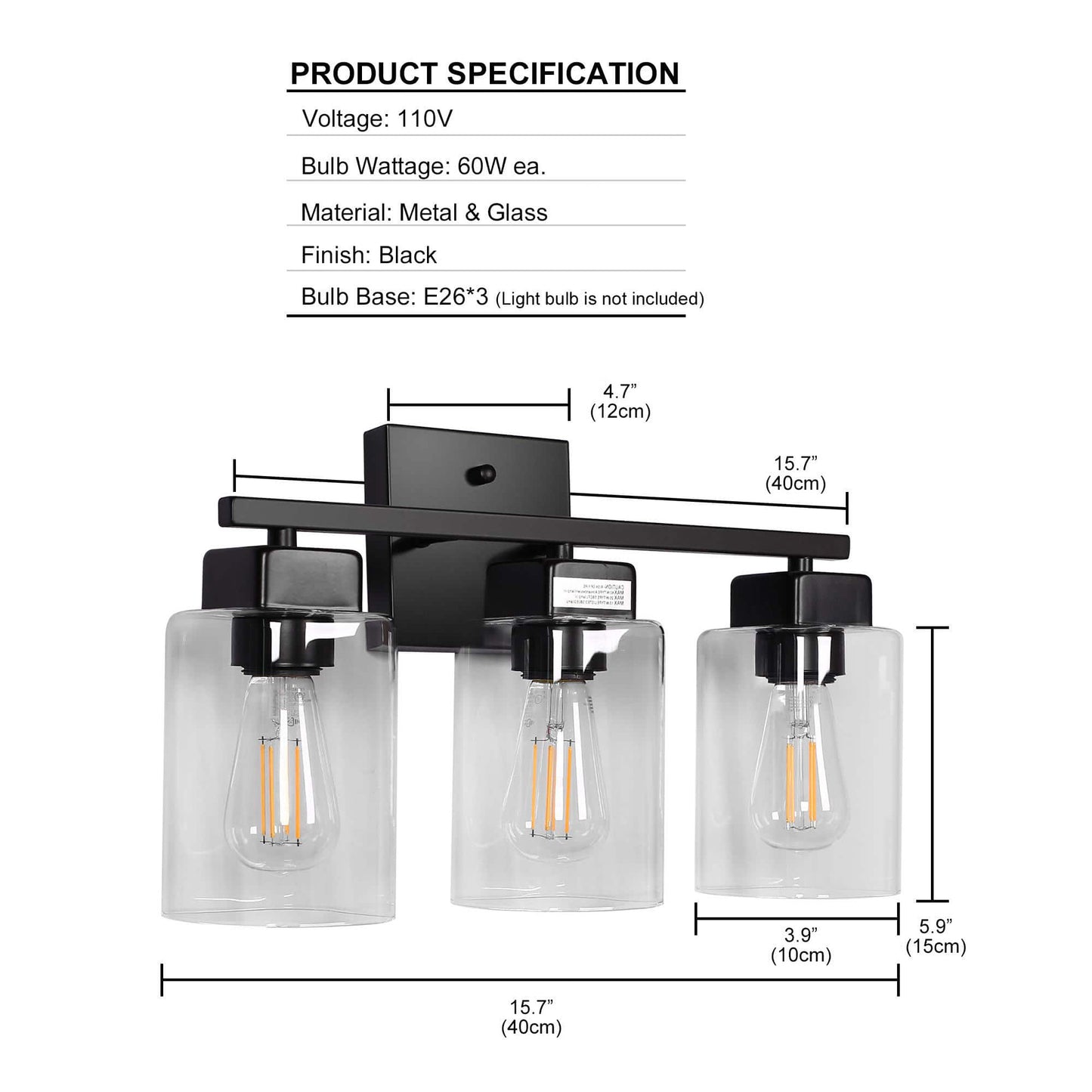 YANSUN 16 in. 3-Light Modern Vanity Light Matte Black with Clear Glass Perfect for Vanity Powder Room Dressing Room