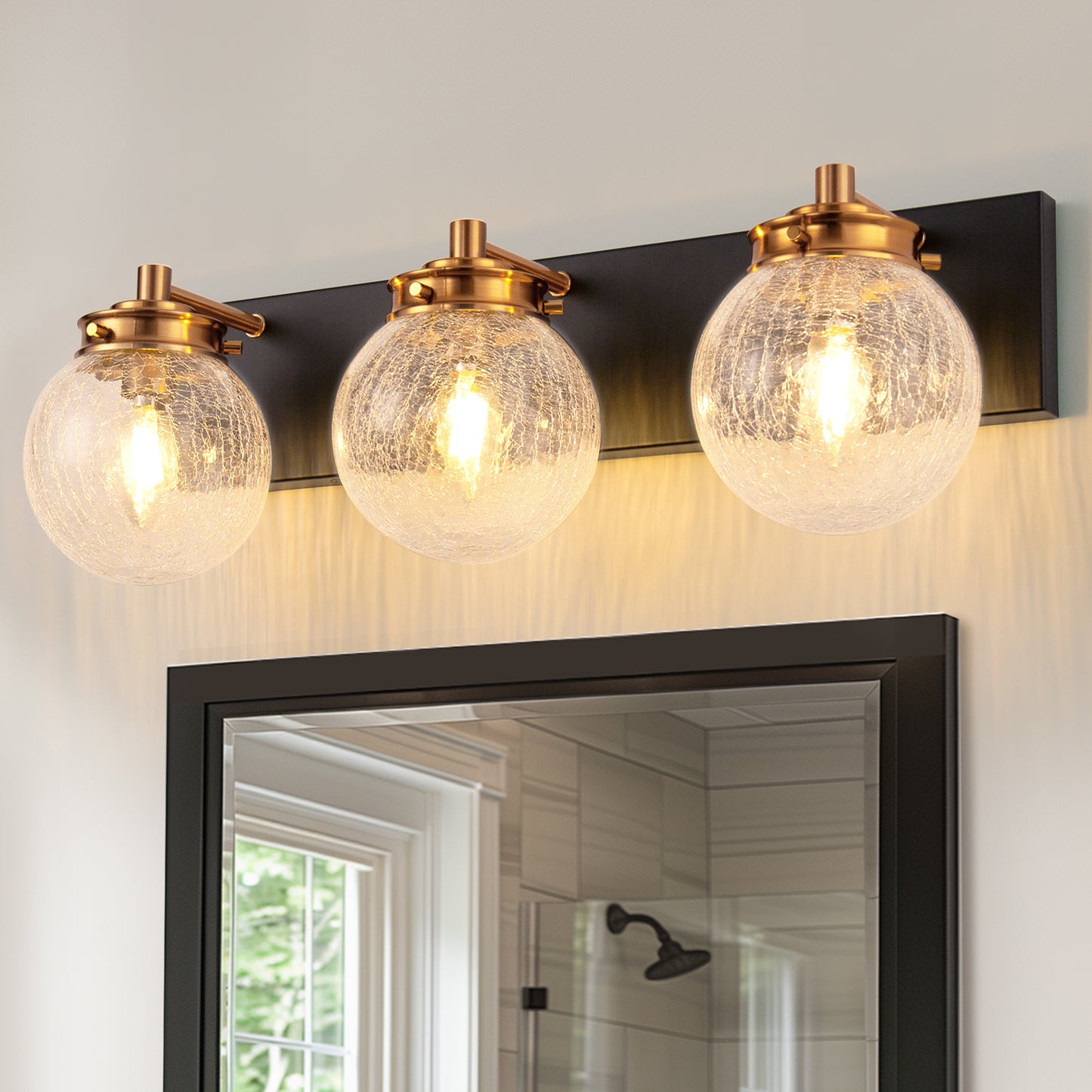 YANSUN 22 in. 3-Light Modern Black and Gold Vanity Light with Crackle Glass Wall Perfect for Vanity Powder Room Dressing Room