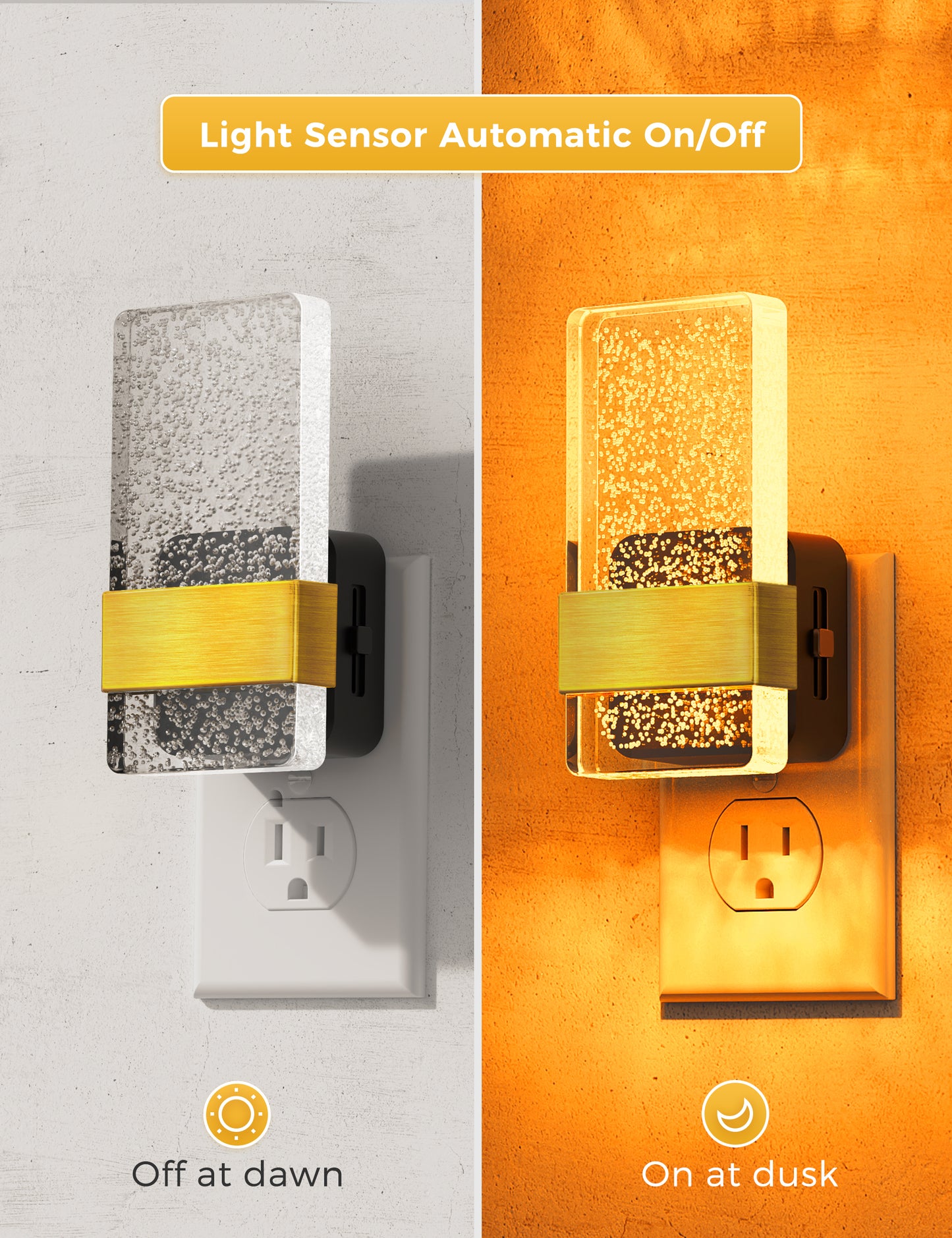 YANSUN 1-Watt Acrylic Square  Plug-in Integrated LED Night Light with Sliding Dimmer, Amber 1600K, Black & Copper, 2-Pack