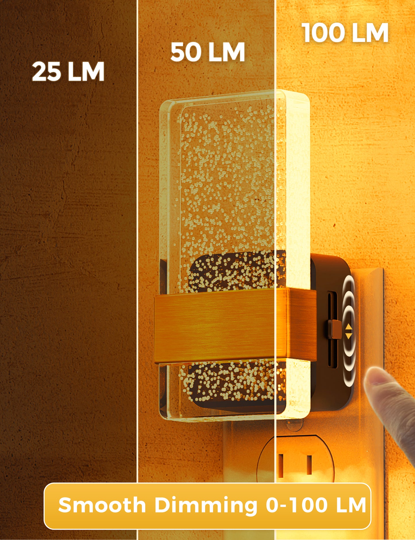 YANSUN 1-Watt Acrylic Square  Plug-in Integrated LED Night Light with Sliding Dimmer, Amber 1600K, Black & Copper, 2-Pack