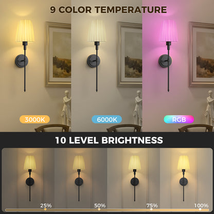 YANSUN Set of 2 Fabric Shade Wall Sconces with Adjustable Color Lighting, Matte Black Finish, Modern Indoor Wall Light (9.8in)