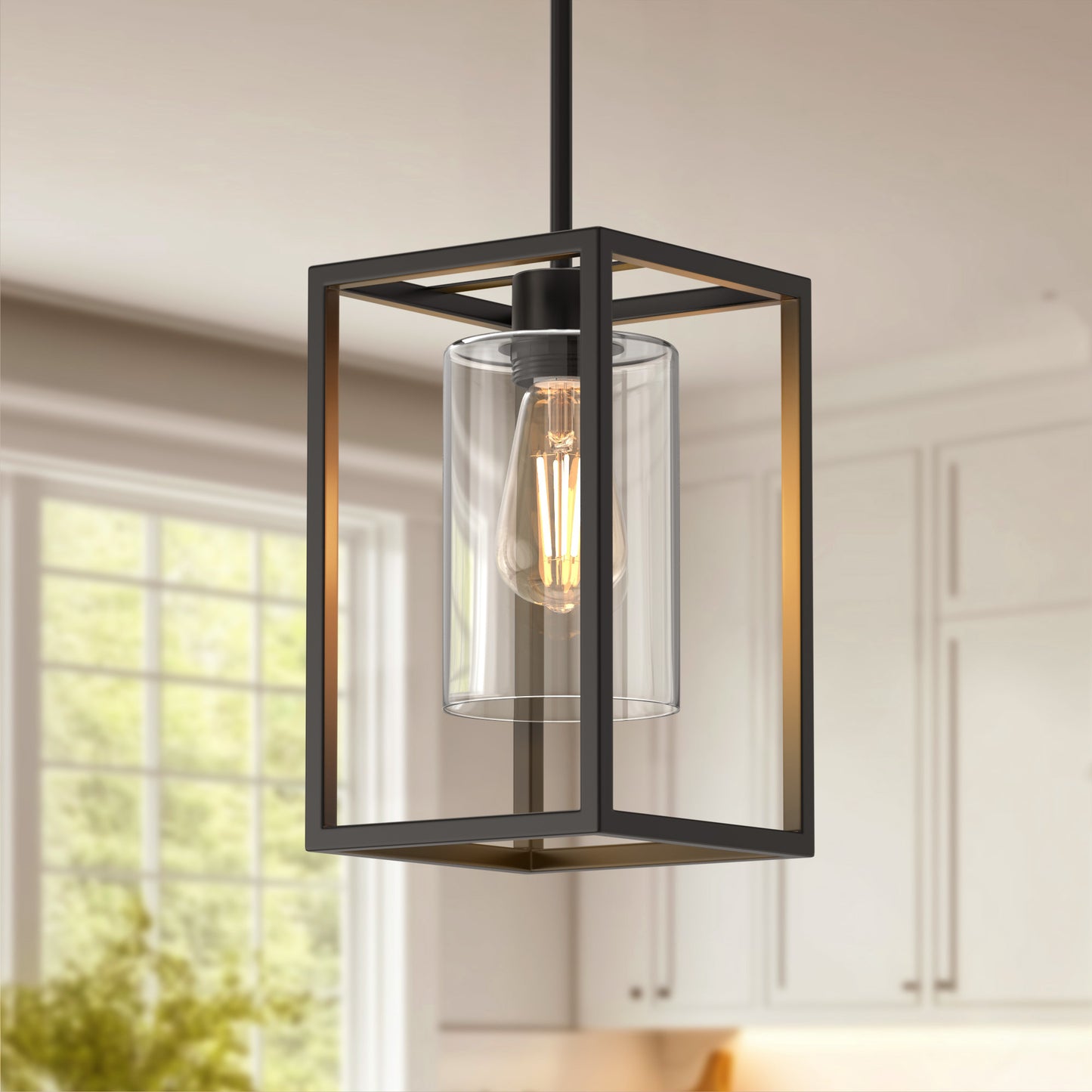 YANSUN 7 in. 1-Light Black Square Chandelier with Clear Glass, Retro Industrial Hanging Light for Kitchen Island