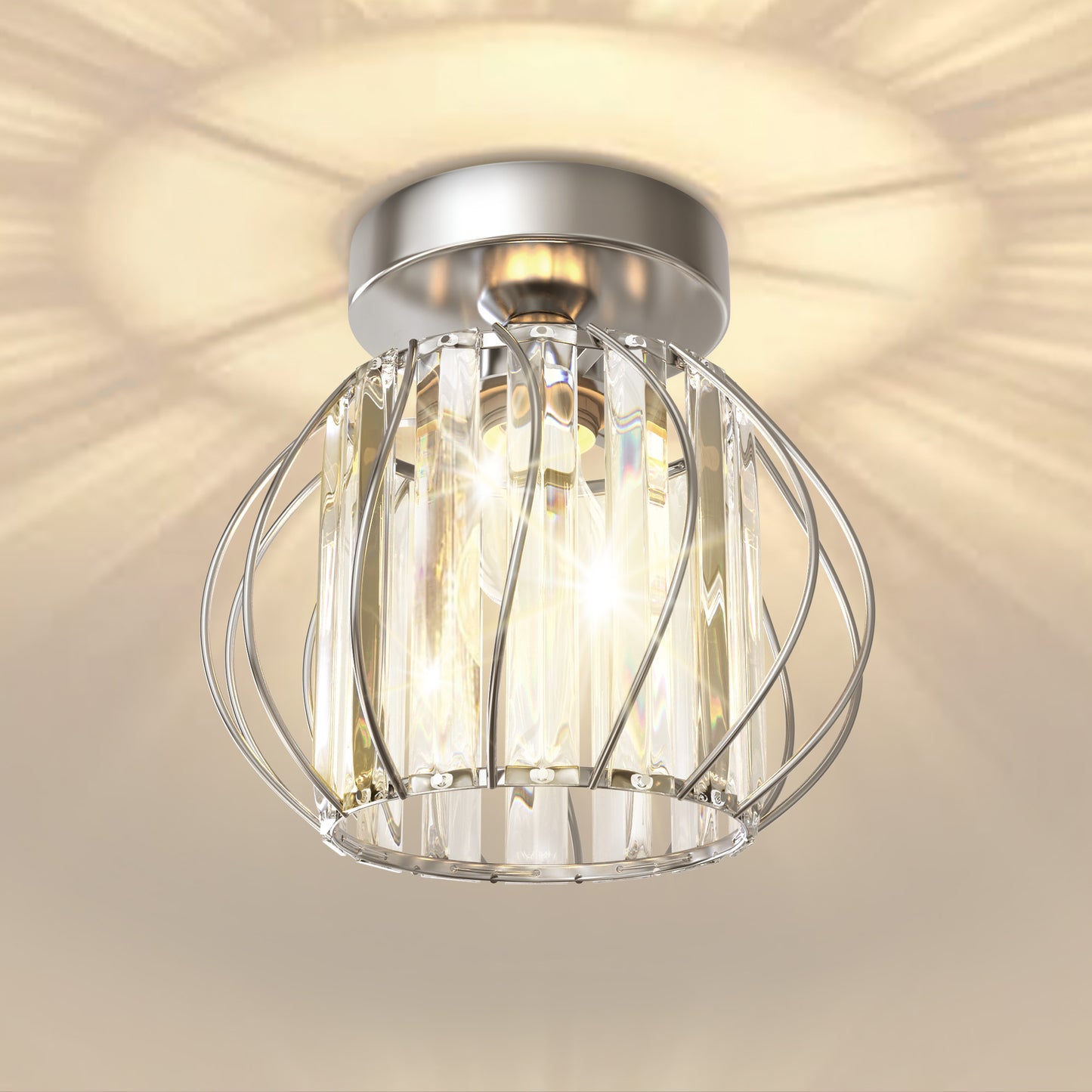 YANSUN 7 in. 1-Light Chrome Modern Crystal Semi Flush Mount Ceiling Light with Cage Design for Hallway, Entryway, or Bedroom