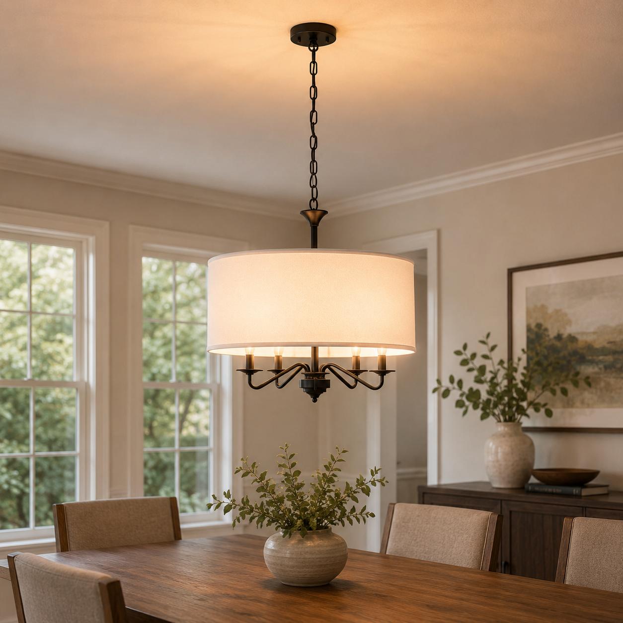 YANSUN 19.7 in. 5-Light KD-Style Chandelier, Black Modern Chandelier with White Shades, Curved Arms, E12 Socket