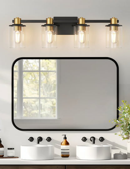 YANSUN 26 in. 4-Light Black and Gold Bathroom Vanity Light with Clear Glass Shades, E26 Wall Sconce Fixture