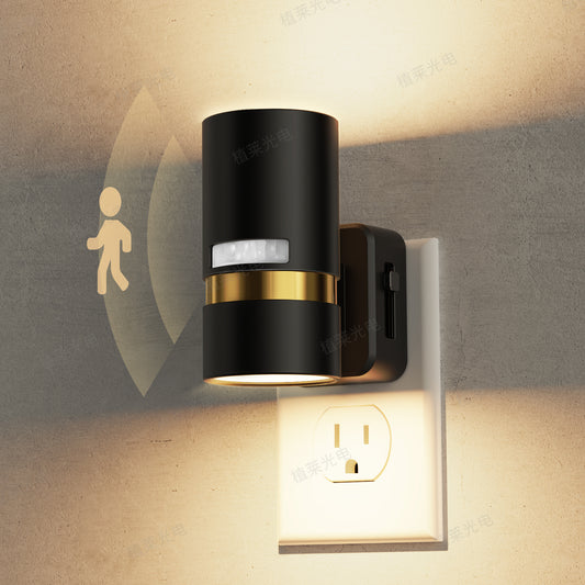 YANSUN 2-Pack Plug-In Motion Sensor Night Light Cylindrical Design with Black Finish and Gold Accent, 3000K, 3 Adjustable Modes
