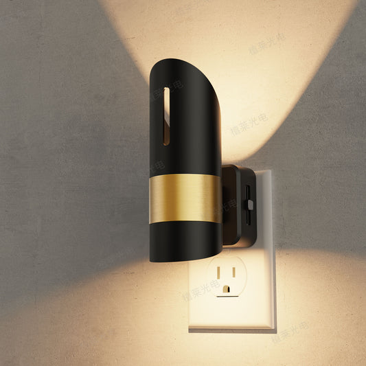 YANSUN 2-Pack 1W Black Plug-In Bamboo Hollow Cylinder Night Lights with Gold-Tone Belt, Warm 3000K Dimmable, US Plug