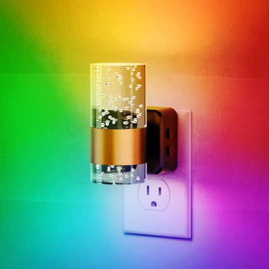 YANSUN 2-Pack 1W Plug-In Light Sensor Night Lights, Bubble Acrylic Column Design, RGB Gradient & 2700K White, Adjustable Color & Brightness, US Plug