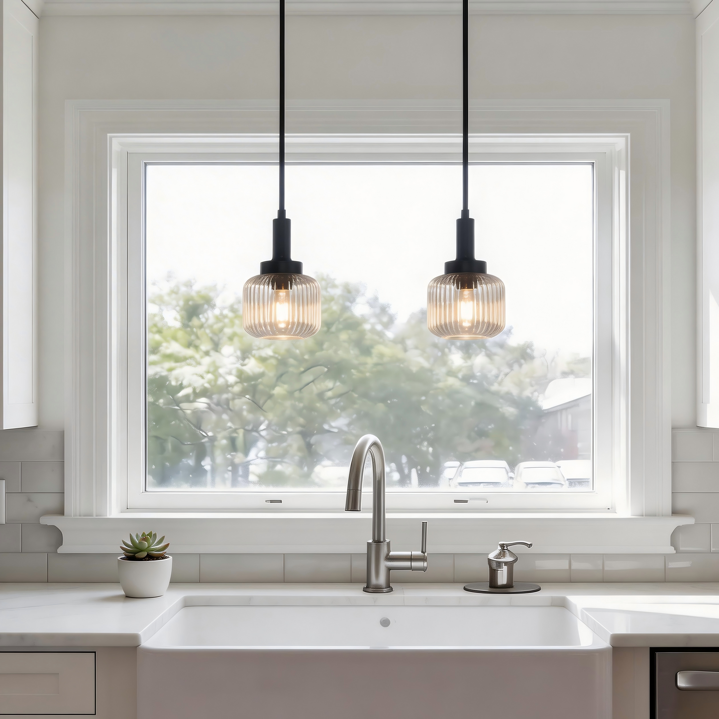 YANSUN 2-Pack 1-Light Traditional Pendant Light with Clear Ribbed Glass Globe Shade and Matte Black Metal Finish