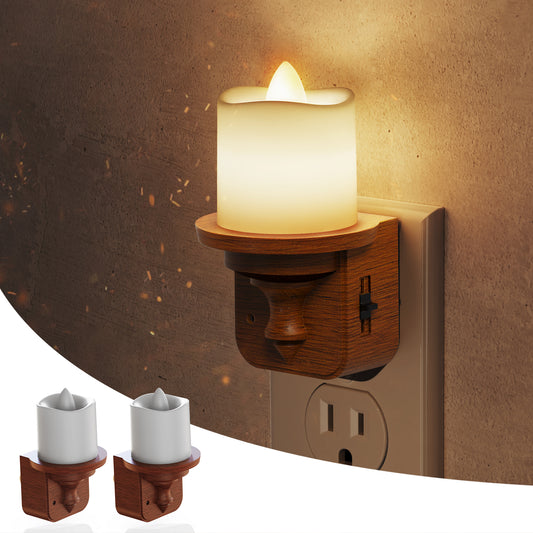 YANSUN 2-Pack 1W Plug-In Dusk to Dawn Candle Night Light, Warm 2700K LED, Wood-Grain Plastic Housing, Slide Dimmer, US 2-Prong Plug