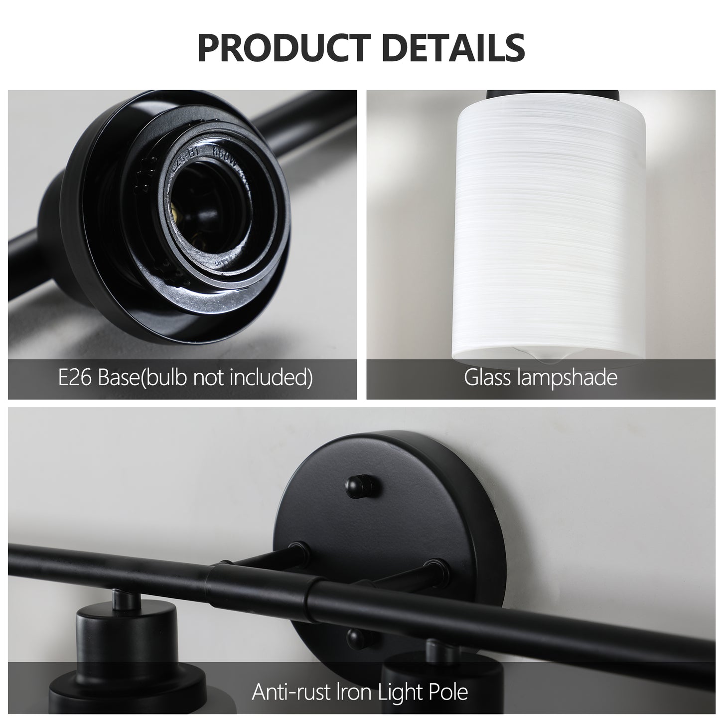 YANSUN Black & White Modern Bathroom Vanity Light, 8-Light Wall Sconce, Iron & Frosted Glass, E26 Base, Hard-Wired (Bulbs Not Included)