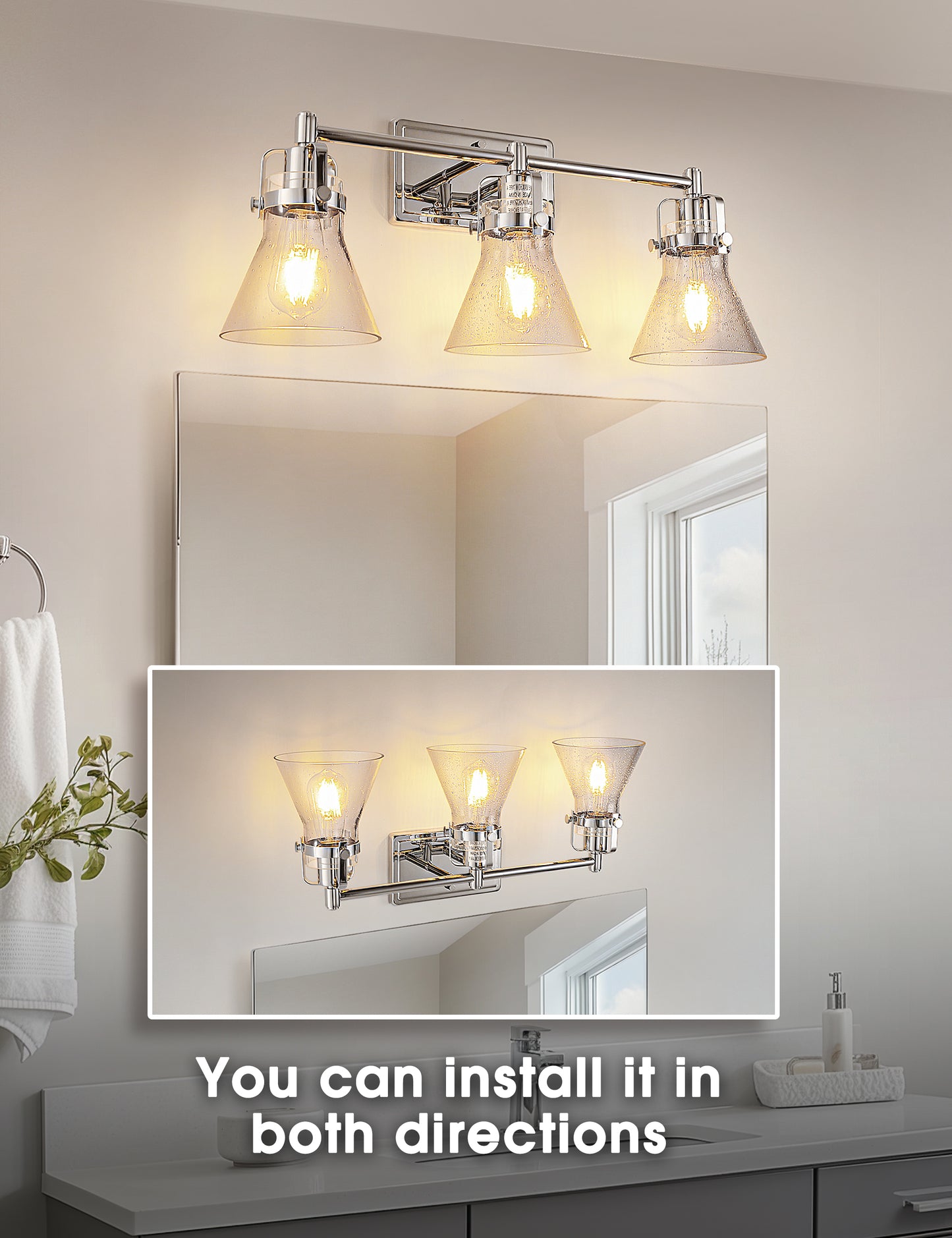 YANSUN 22 in. 3-Light Brushed Nickel Vanity Light with Glass Shade for Powder Rooms, Dressing Rooms or Bathrooms