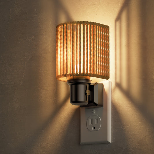YANSUN 1-Pack 1W Dusk to Dawn Plug-in Night Light Boho Rope Shade Warm White 2700K Dimmable LED Night Light with Gold Ring Accent for Bedroom Hallway