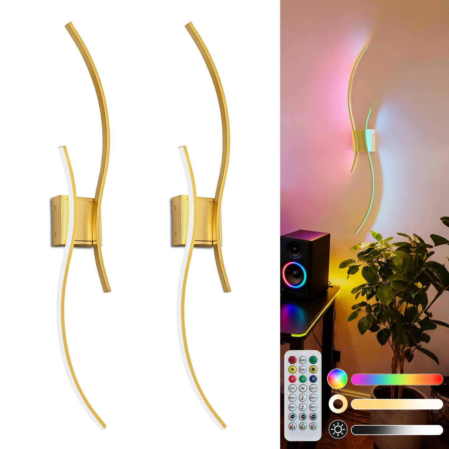YANSUN 2-Pack Dual-Wave LED Wall Light, Built-in LED, RGBCW, 39.3-Inch KD Structure, Remote Control, APP, Music Sync