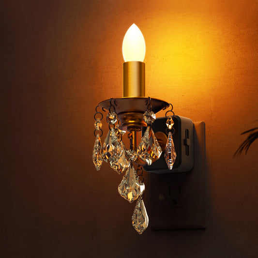 YANSUN 1W Plug-in Night Light with Amber 1600K, Dusk to Dawn Sensor, Slide Dimmer, Crystal Pendant, E12 Style