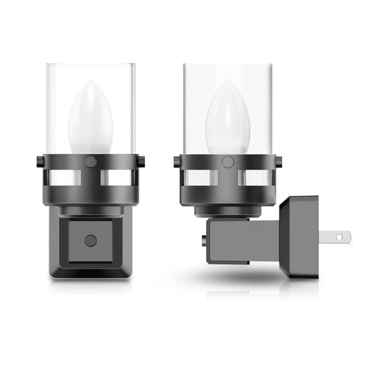 YANSUN 2-Pack 0.6W Plug-in Candle Night Lights, Black Wood Grain, Warm White 3000K, Adjustable C7 LED Filament