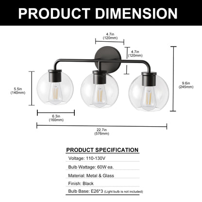 YANSUN 22.7 in. 3 Light Black Vanity Light with Clear Globe Shades Modern Round Wall Mount Wall Light for Bathroom E26 Base