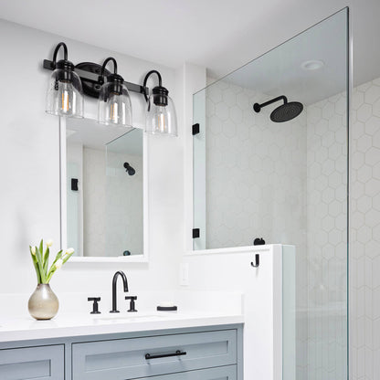 18.89 in. 3-Light Matte Black Modern Bathroom Vanity Light Mirror Wall Light with Black Accents and Seeded Glass Shade