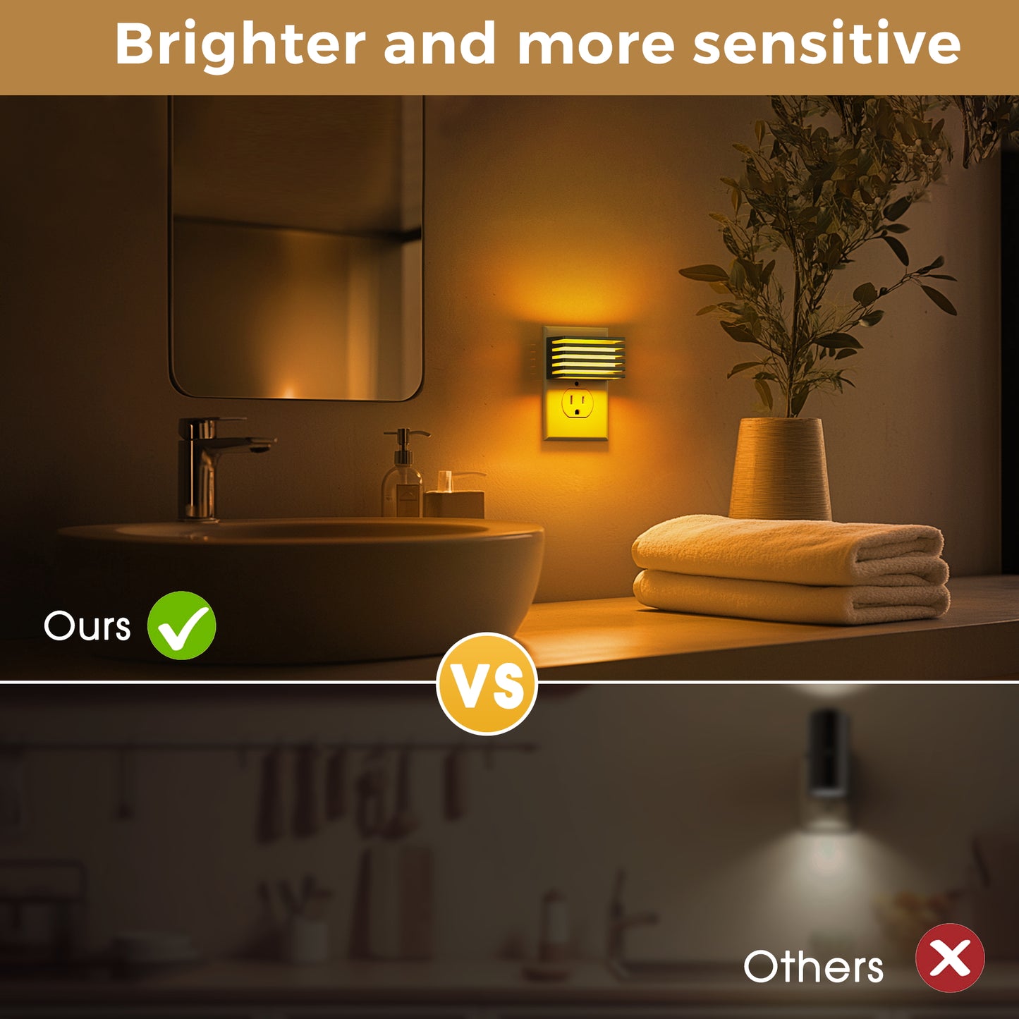 YANSUN 1-Watt Plug-in Integrated LED Night Light with Dusk-to-Dawn Sensor, Up & Down Glow, Amber 2000K, Black, 2-Pack