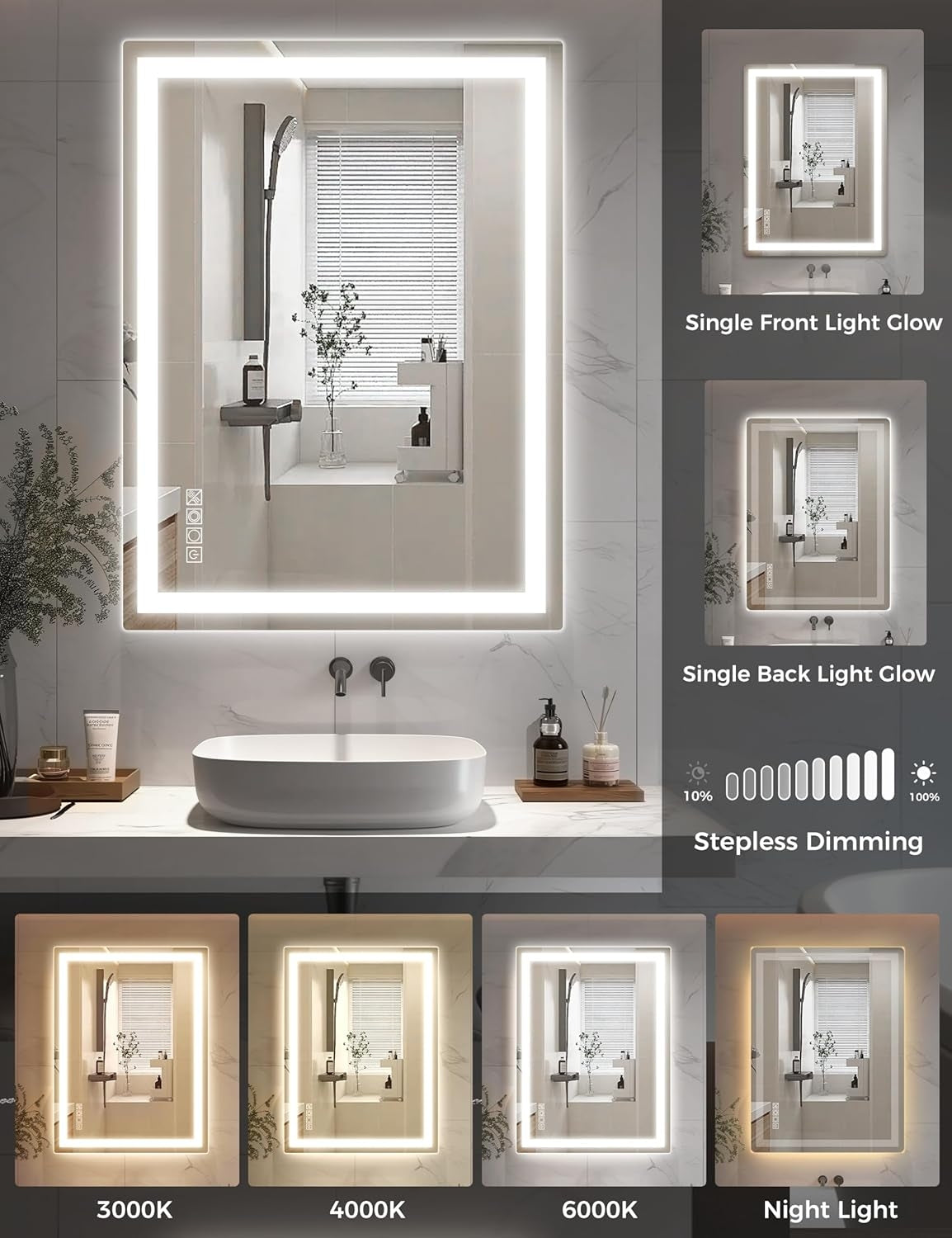 YANSUN LED Bathroom Mirror Vanity Light with Front & Backlight, Dimmable 3CCT, Anti-Fog, Shatter-Proof, Memory, Night Light