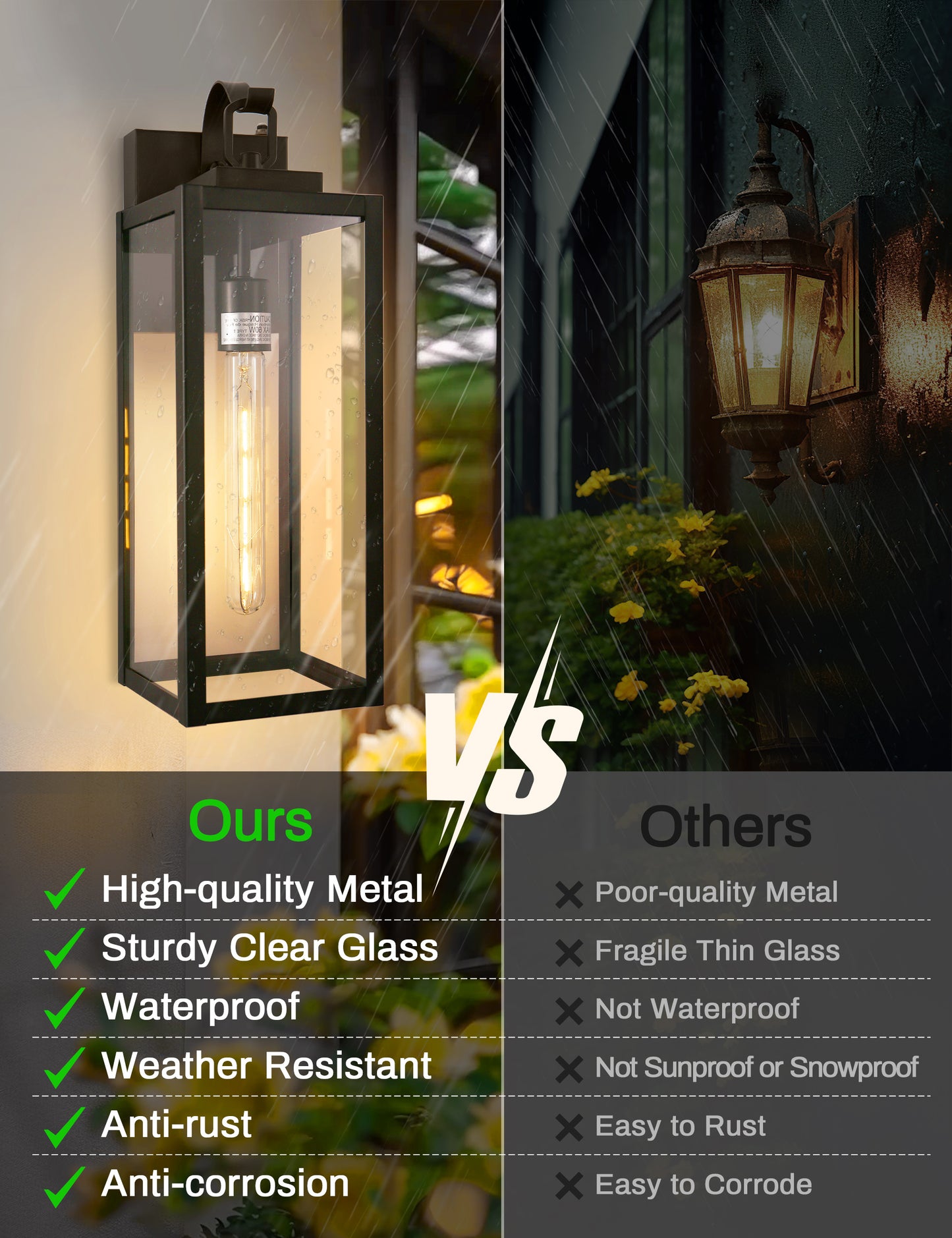 YANSUN 18 in. 2-Pack Black Dusk to Dawn Outdoor Lantern Sconce Wall Lights with Clear Glass Shade LED T30 Bulbs Included
