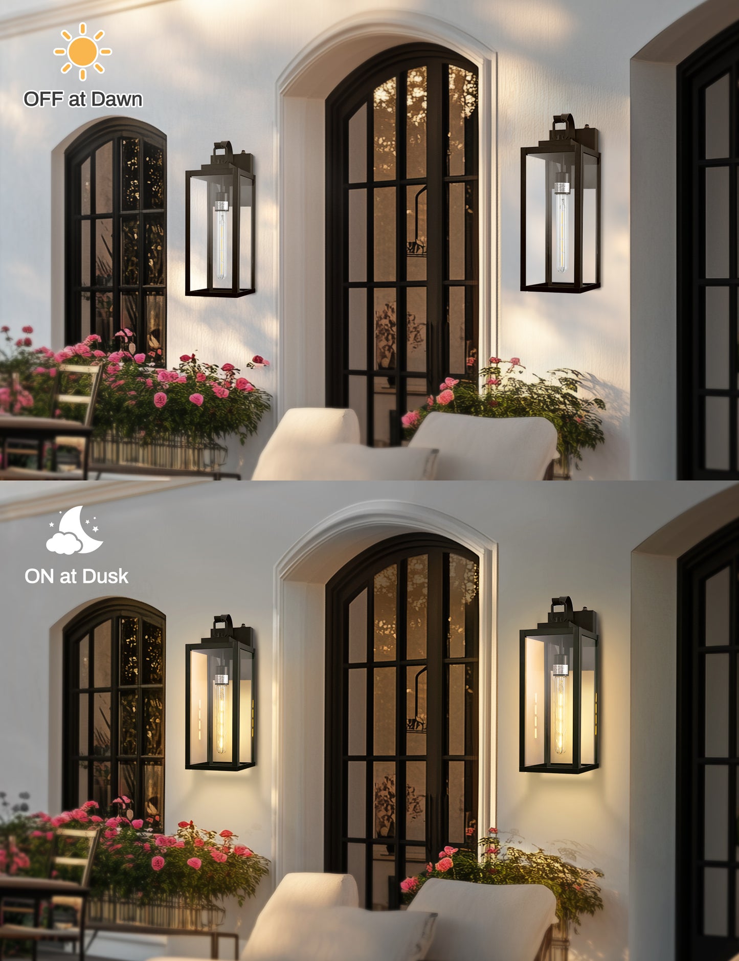 YANSUN 18 in. 2-Pack Black Dusk to Dawn Outdoor Lantern Sconce Wall Lights with Clear Glass Shade LED T30 Bulbs Included