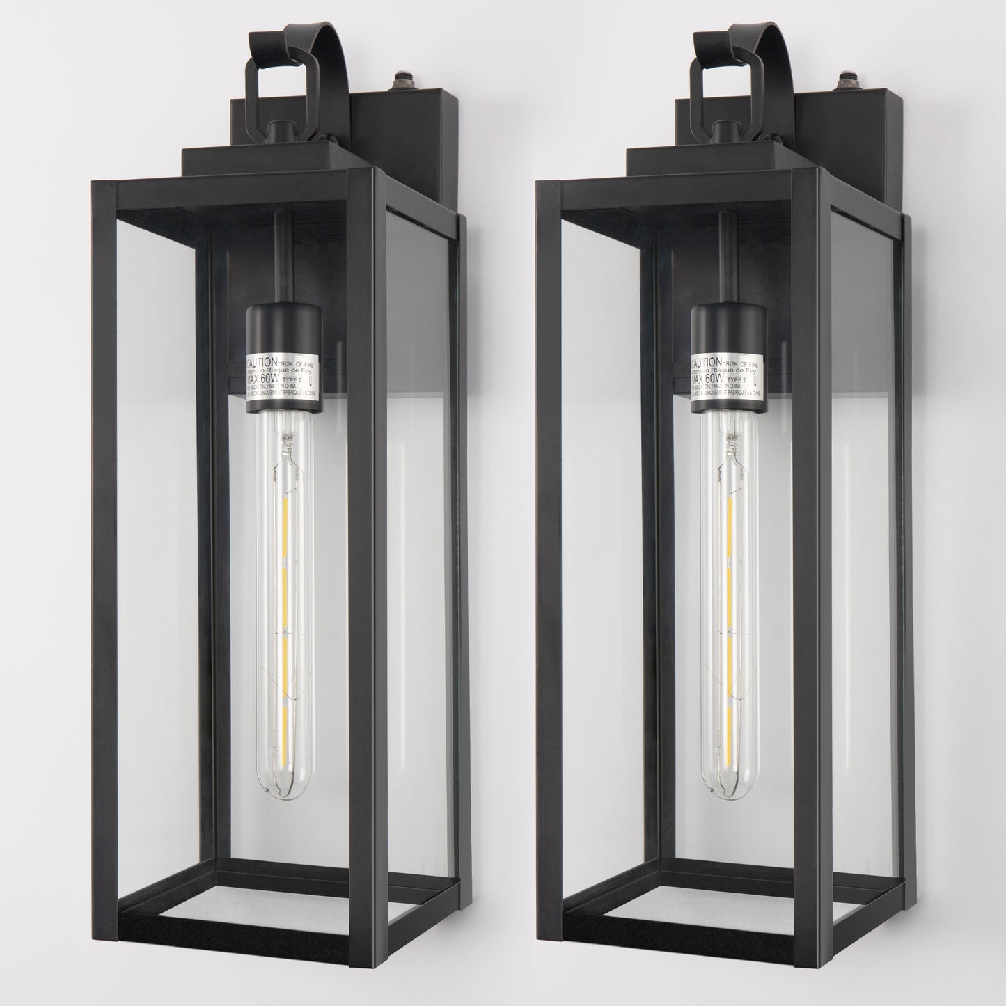YANSUN 18 in. 2-Pack Black Dusk to Dawn Outdoor Lantern Sconce Wall Lights with Clear Glass Shade LED T30 Bulbs Included