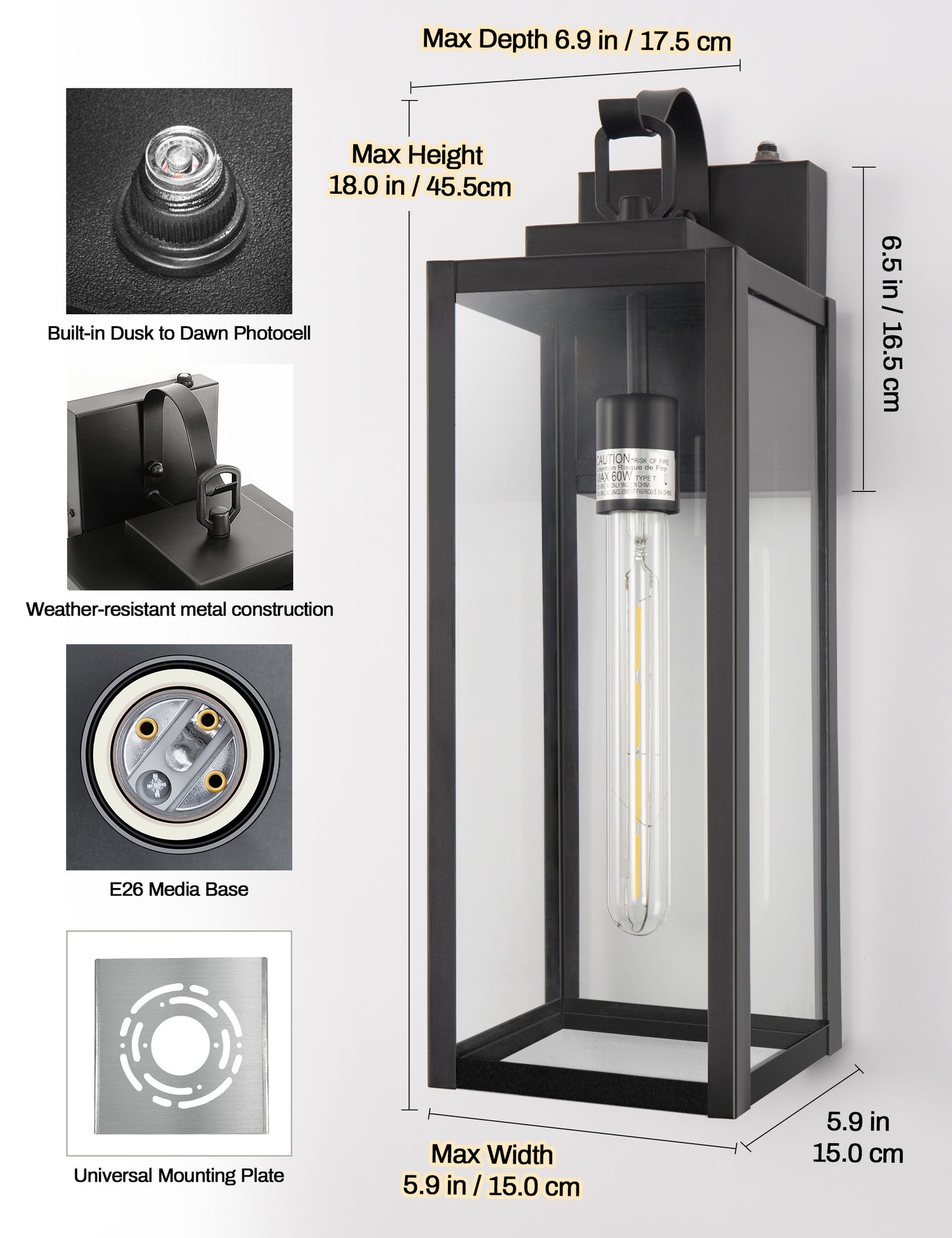 YANSUN 18 in. 2-Pack Black Dusk to Dawn Outdoor Lantern Sconce Wall Lights with Clear Glass Shade LED T30 Bulbs Included