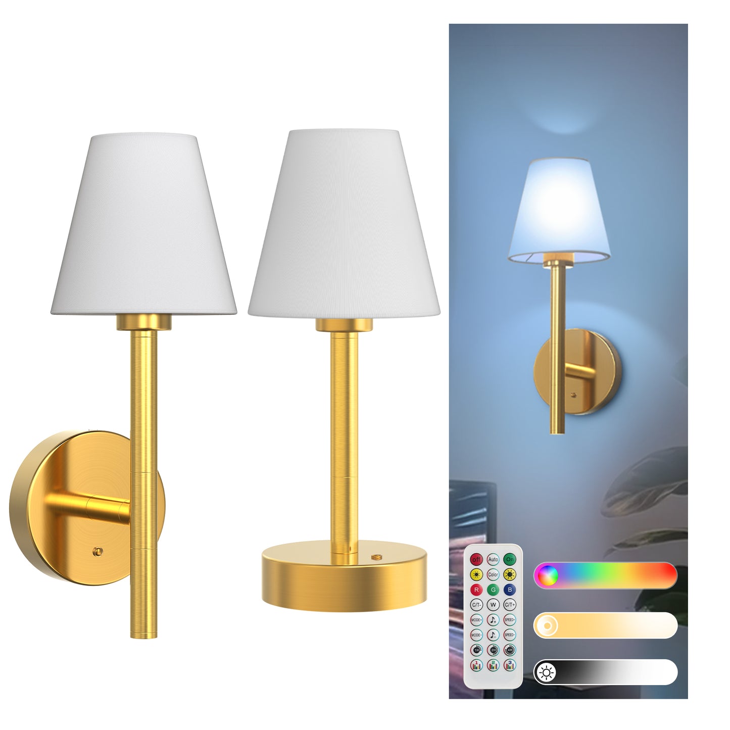 YANSUN 2-Pack Fabric wall lamp Copper LED Wall Sconce RGBCW Remote Control Remote Timer Dimmable Wall Light for Living Room