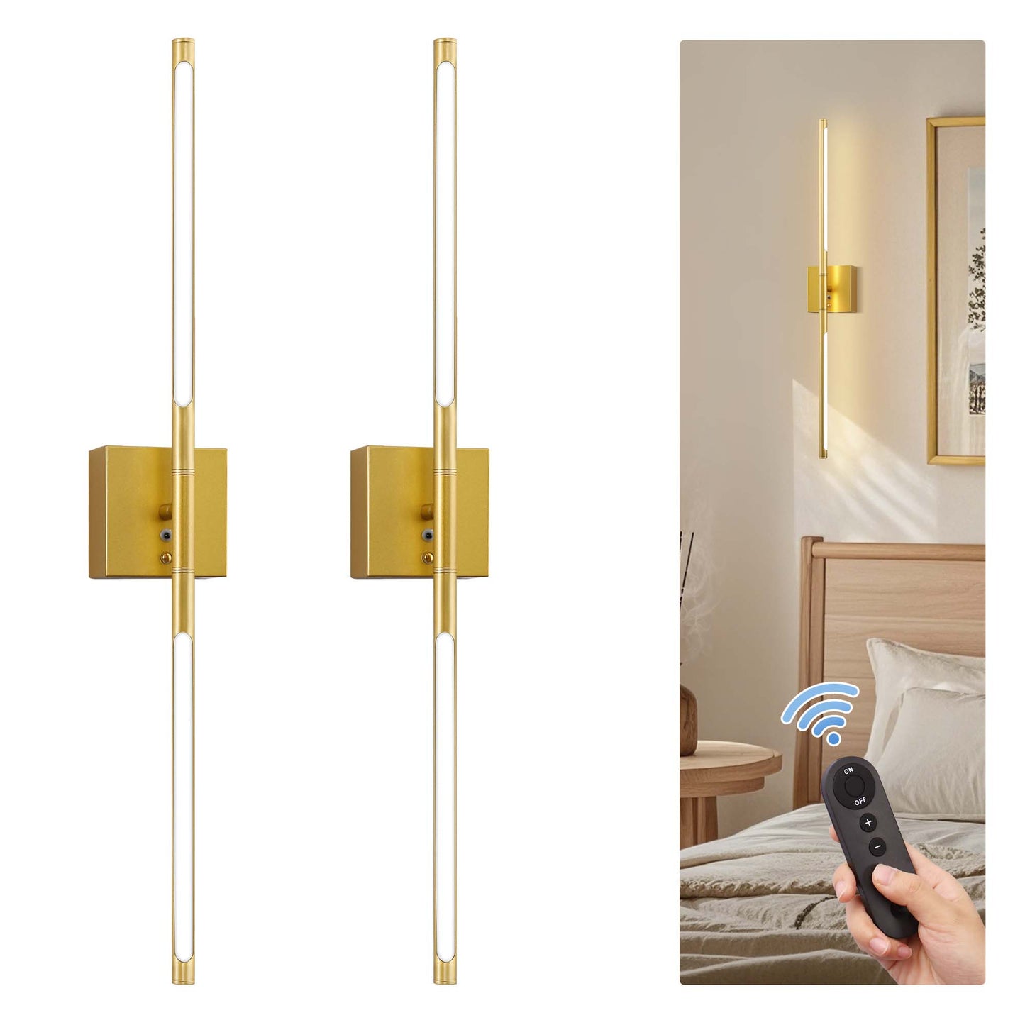 YANSUN 2-Light Gold Dimmable Integrated LED Wall Sconce with Remote Control for Living Room and Bedroom or Hallway (2-Pack)