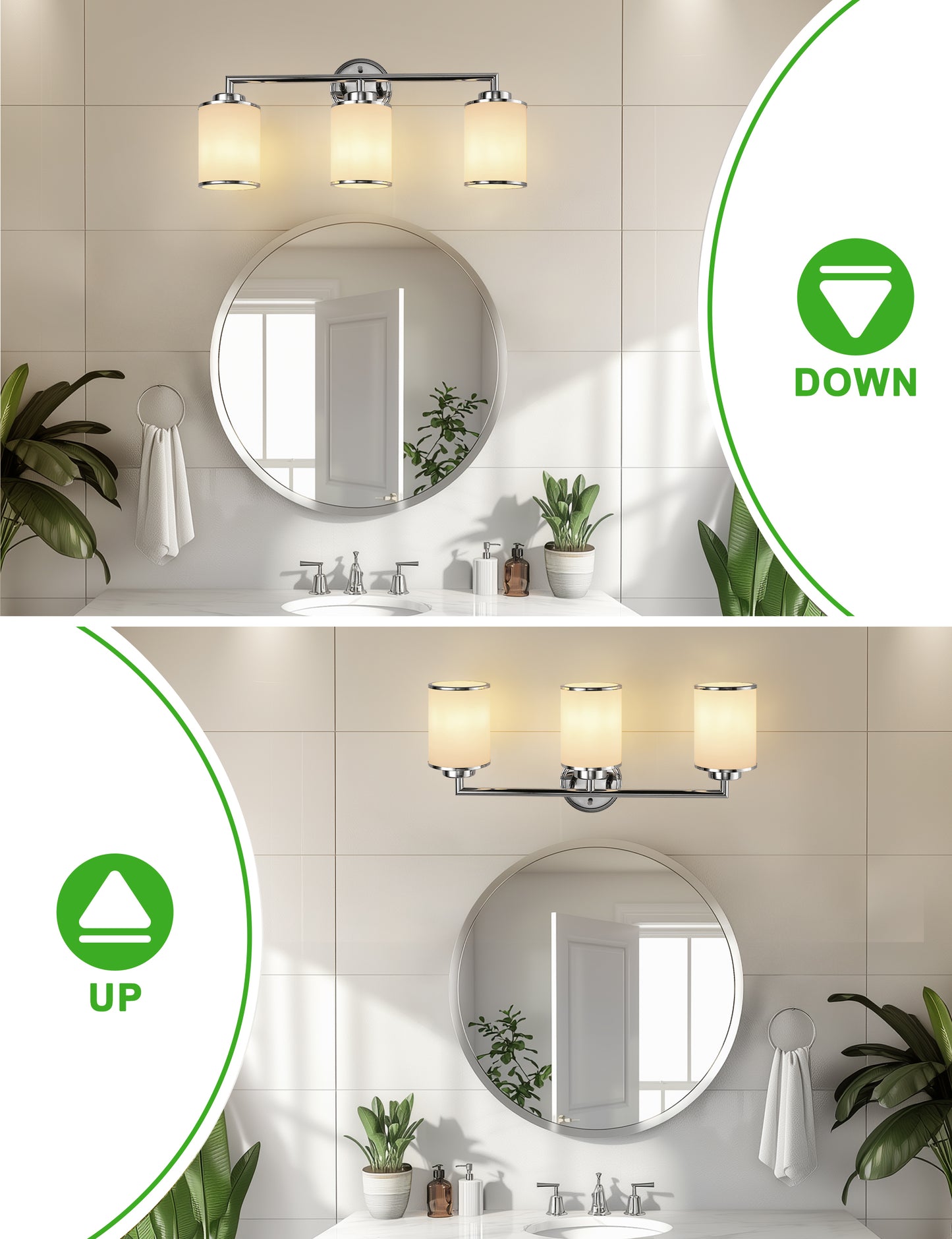 YANSUN 17 in. 3-Light Chrome Vanity Light with Frosted Cylinder Glass Shades Stylish Modern Wall Sconce for Vanity Powder Room