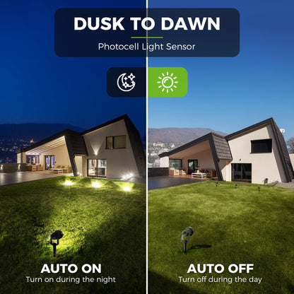 YANSUN 2-Pack Dusk-to-Dawn Outdoor LED Spotlights - IP66 Waterproof 8.27in Stake, UL 3-Prong Cord, 5W 450LM 2700K Warm Glow for Yard