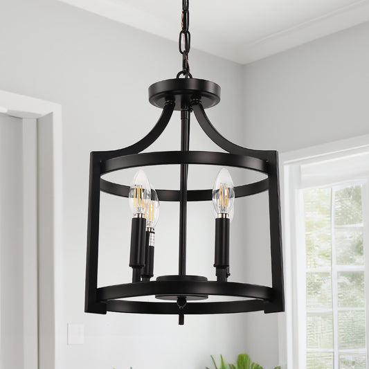 YANSUN 4-Light Black No Decorative Accents Drum Chandelier for Foyer Kitchen Island with No Bulbs Included