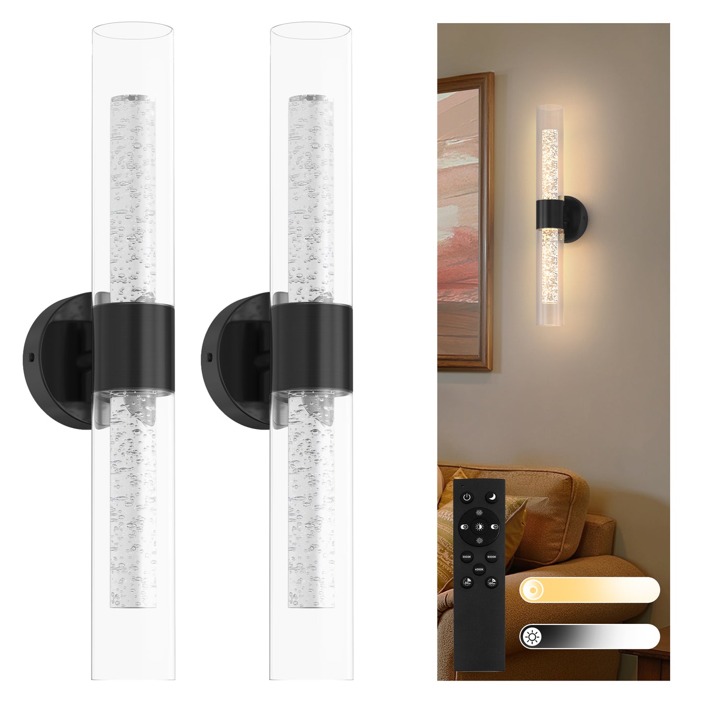 YANSUN 2-Pack Bubble Acrylic Black LED Wall Sconce Remote Control Remote Timer Dimmable Wall Light for Living Room Hallway