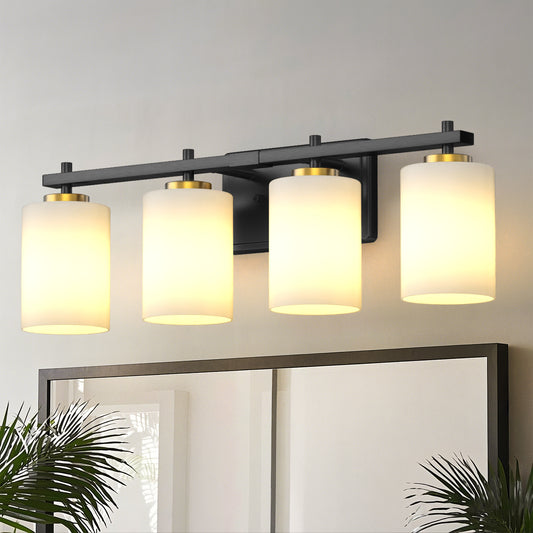 YANSUN 24 in. 4-Light Black and Gold Bathroom Vanity Light with Cylinder Frosted Glass Shade for Vanity or Dressing Room