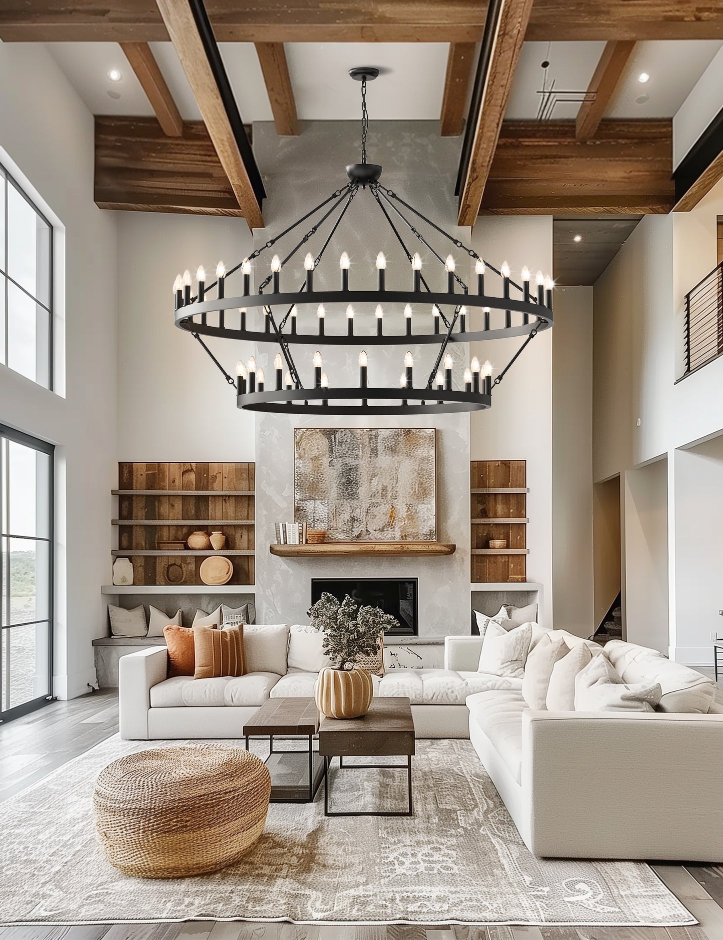YANSUN 54-Light Industrial Black Chandelier with Double Ring and Straight Rod Design, E12 Base (Bulbs No Included)