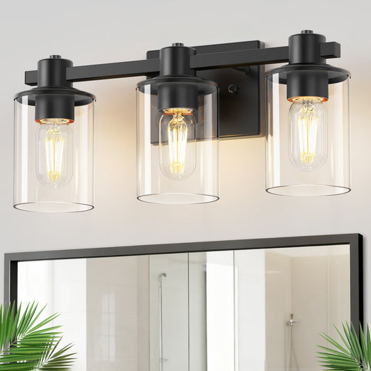 YANSUN 3-Light Vanity Light, Non-Integrated Light Source, E26 Bulb Base, Transparent Glass Shade, Black Finish, Square Plate & Rod