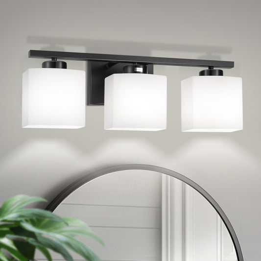 YANSUN 22 in. 3 Light Matte Black Vanity Light for Bathroom Bedroom Living Room with White Shades