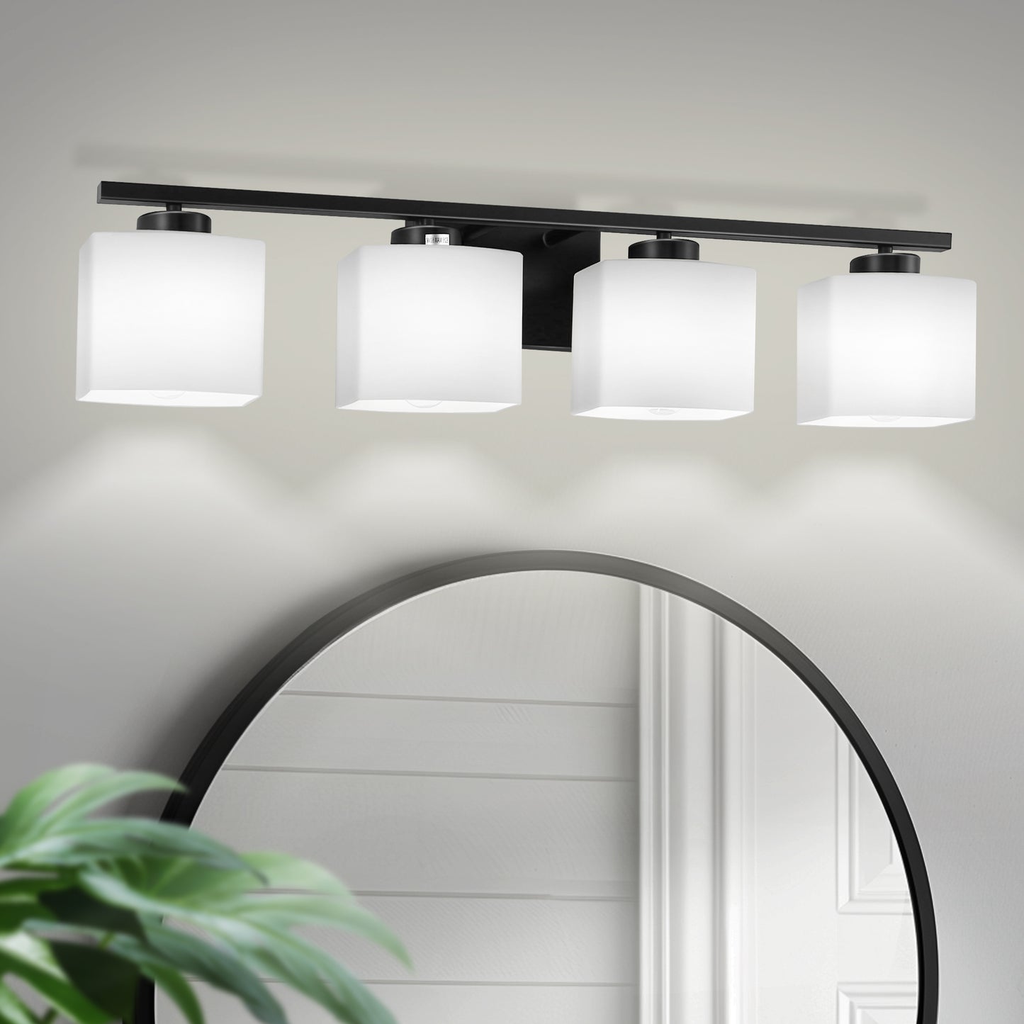 YANSUN 31 in. 4 Light Matte Black Vanity Light for Vanity Powder Room Dressing Room with White Glass Shades