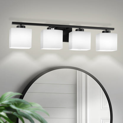 YANSUN 31 in. 4 Light Matte Black Vanity Light for Vanity Powder Room Dressing Room with White Glass Shades